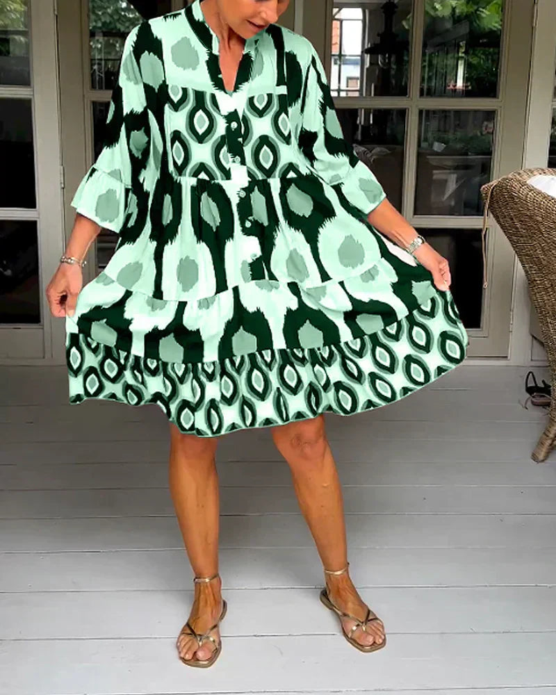 Abstract Geometric Print V-Neck Button Front Tiered Midi Dress - View 8