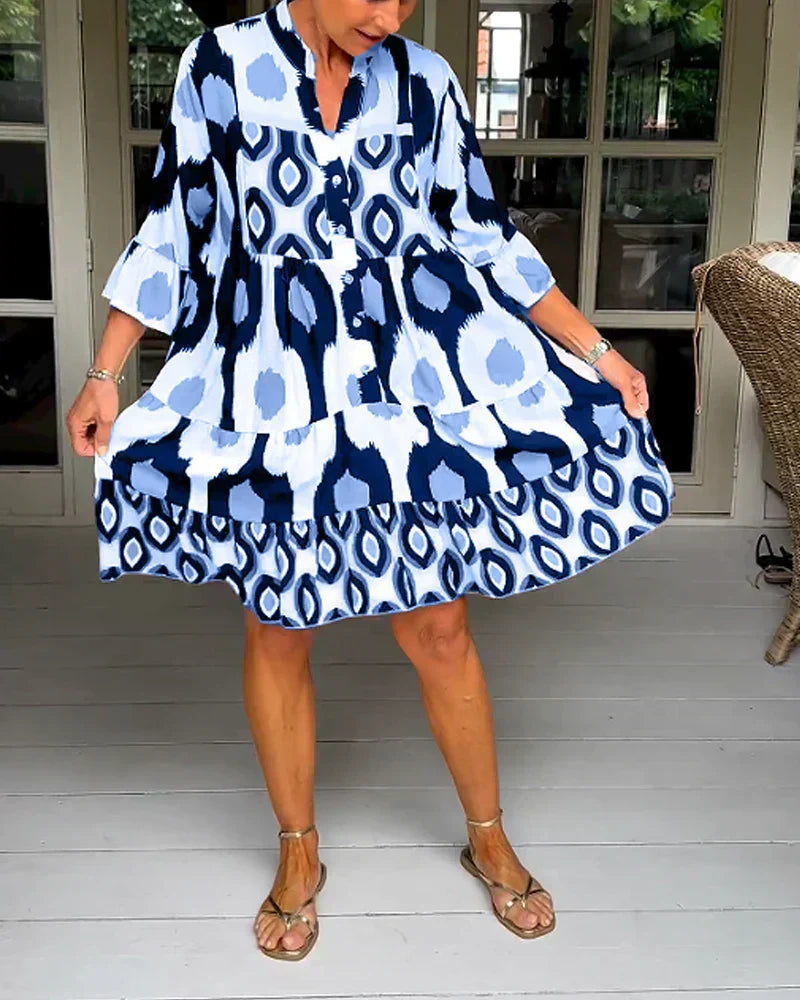 Abstract Geometric Print V-Neck Button Front Tiered Midi Dress - View 10