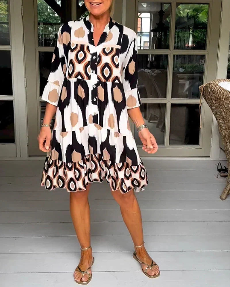 Abstract Geometric Print V-Neck Button Front Tiered Midi Dress - View 3