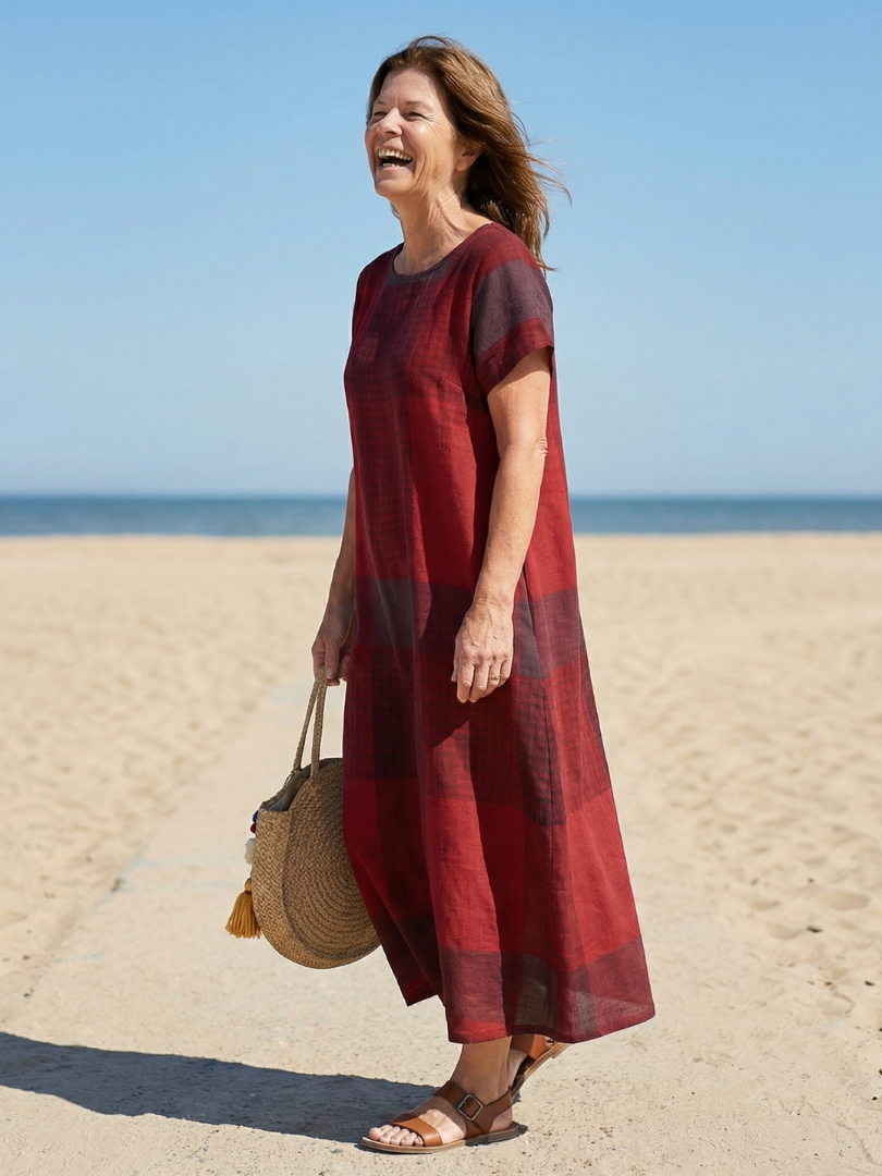 Round Neck Short Sleeve Plaid Maxi Dress 2