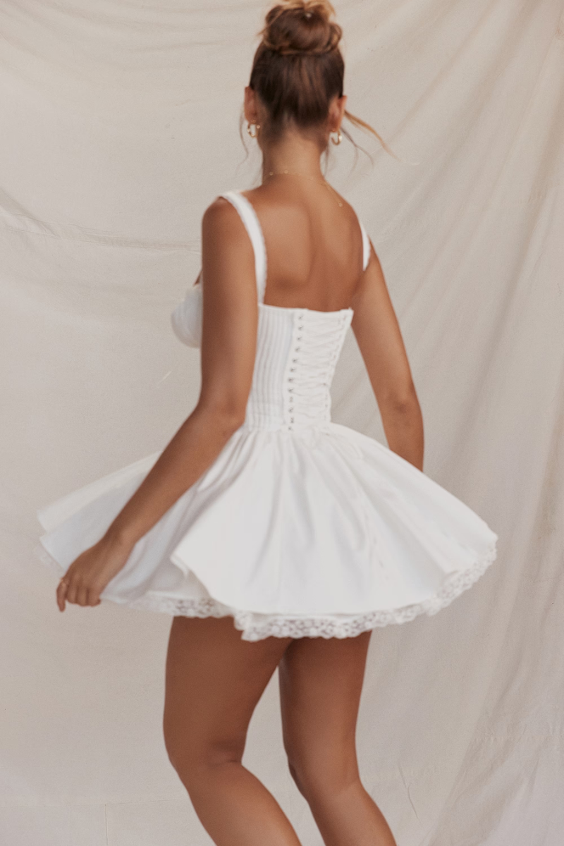 Lace Trim Sweetheart Tie Front Corset Flare Mini Dress in White - View 6