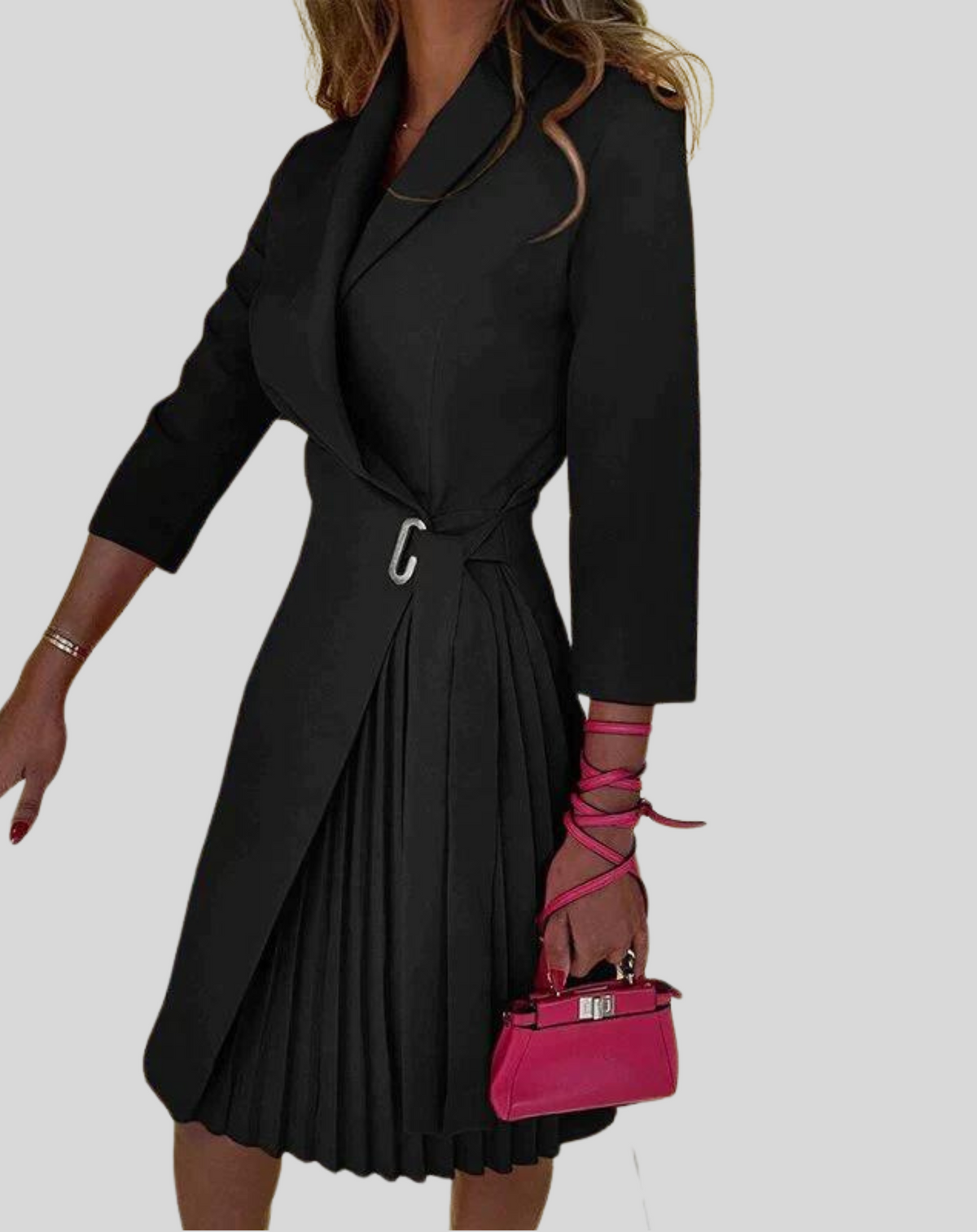 Houndstooth Wrap Contrast Shawl Lapel Self Tie Belt Blazer Dress - View 3