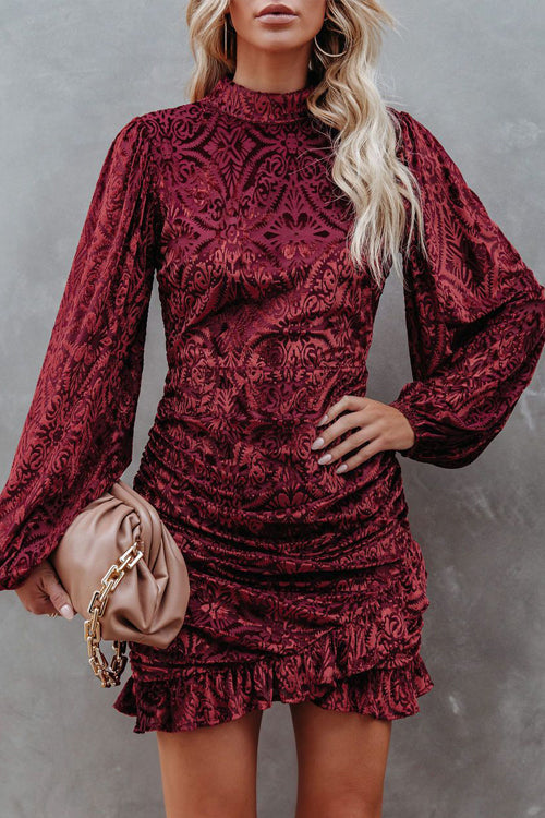 Burnout Velvet Mock Neck Long Sleeve Ruched Ruffle Hem Mini Dress 2