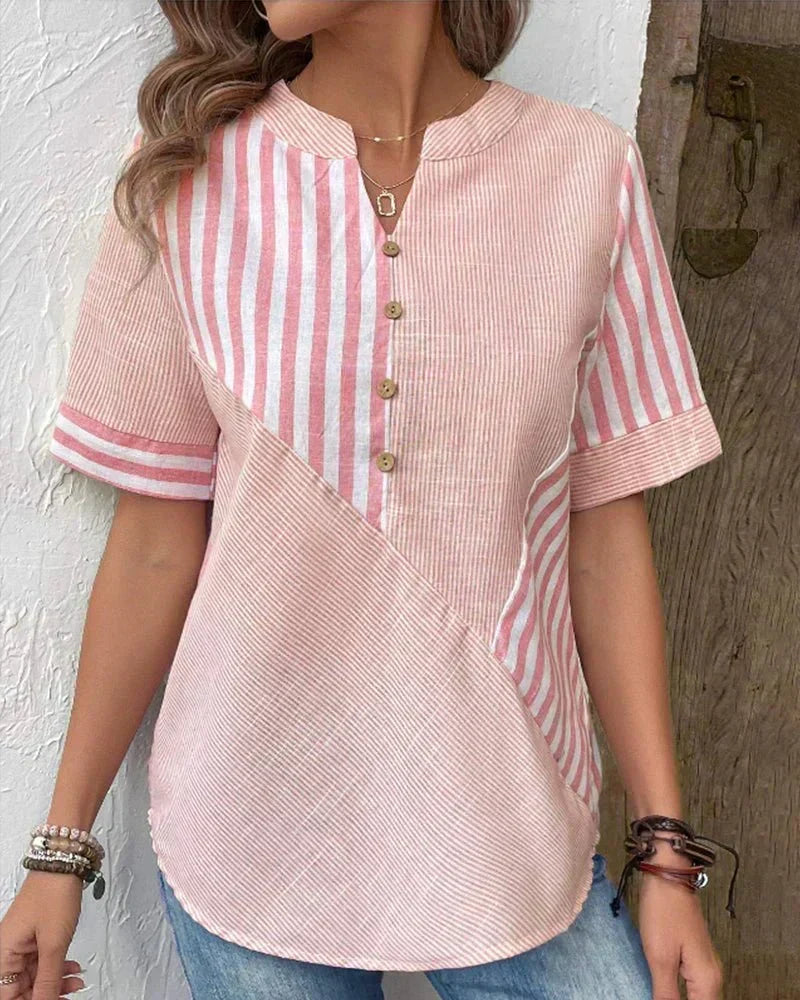 Striped Colorblock Notch Neck Button Short Sleeve Blouse 8