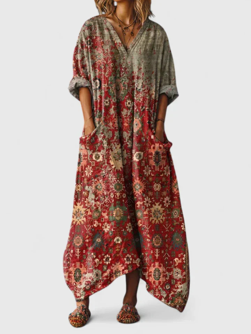 Abstract Print V-Neck Roll Sleeve Kaftan Maxi Dress 2