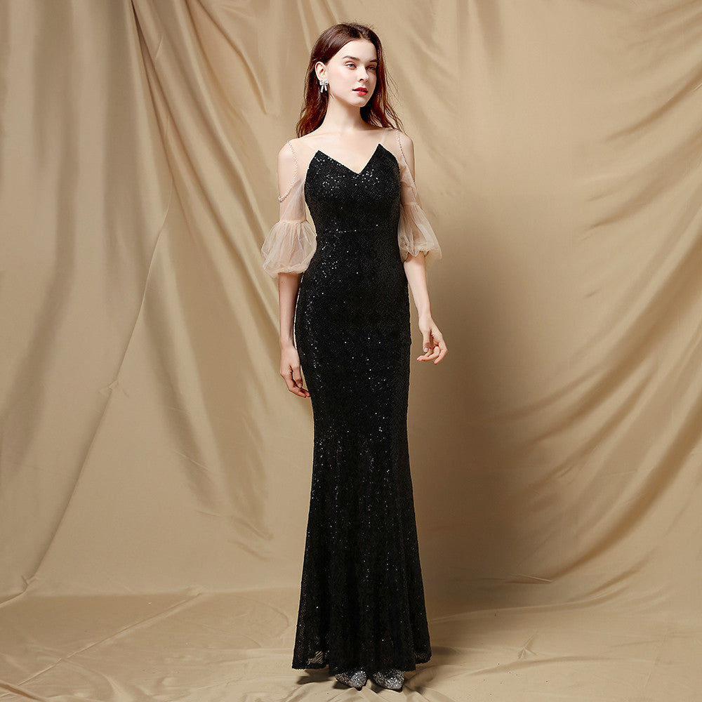 Sequin V-Neck Sheer Puff Sleeve Mermaid Maxi Gown 7