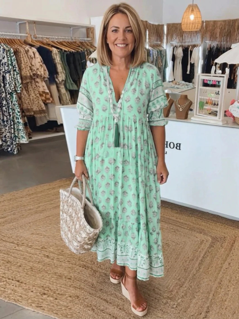 Floral Print V-Neck Bell Sleeve Tiered Boho Maxi Dress 2