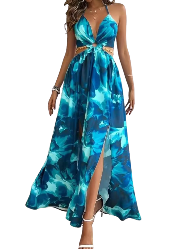 Tropical Floral Deep V-Neck Chain Waist High Split Maxi Dress 2