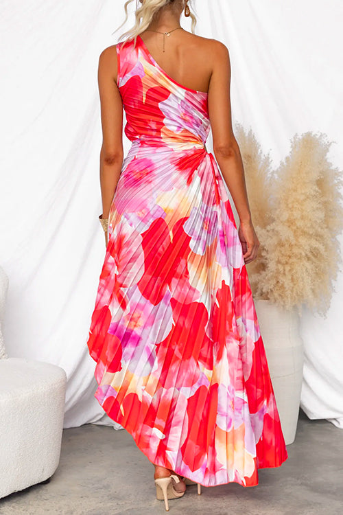 Floral Print One Shoulder Pleated Maxi Dress 3