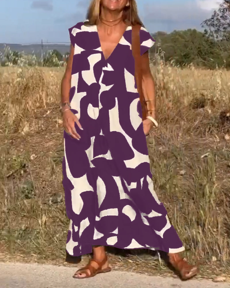Abstract Print V-Neck Cap Sleeve Oversized Maxi Dress 16
