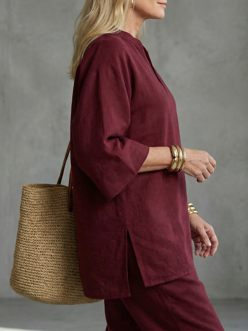 Notch V-Neck Tunic Top and Pants Two Piece Set 3