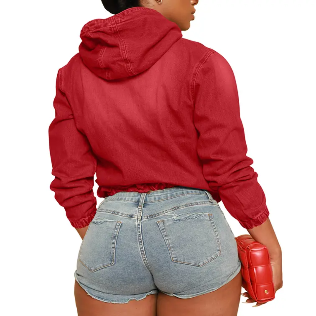 Hooded Quarter Zip Kangaroo Pocket Denim Pullover Jacket 5