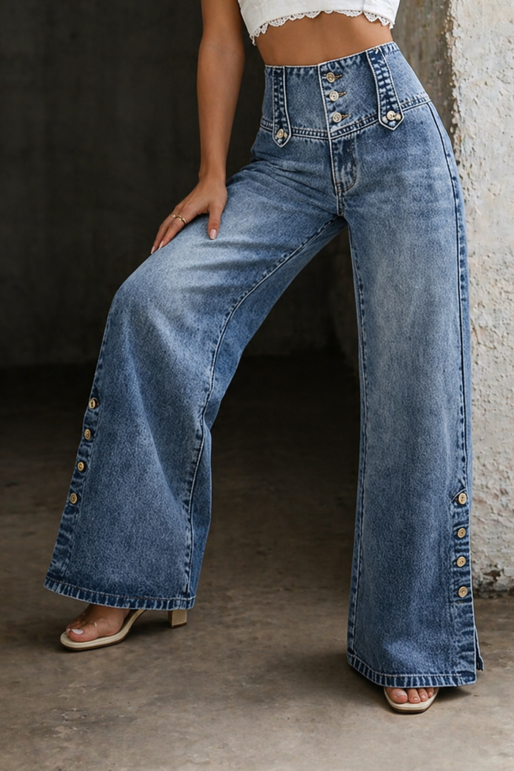 High Waist Button Front Wide Leg Flare Jeans 4