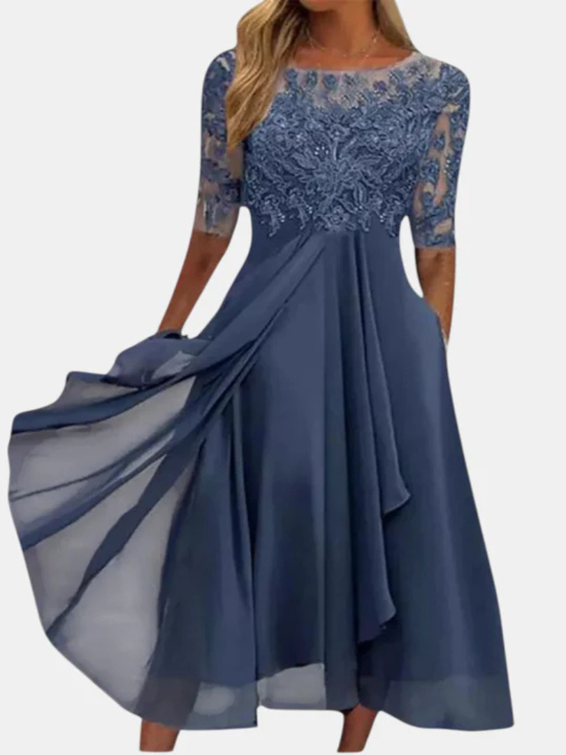 Lace Bodice Illusion Neckline 3/4 Sleeve Chiffon A-Line Tea Length Dress 2