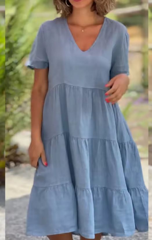 V-Neck Short Sleeve Tiered Midi Dress 2