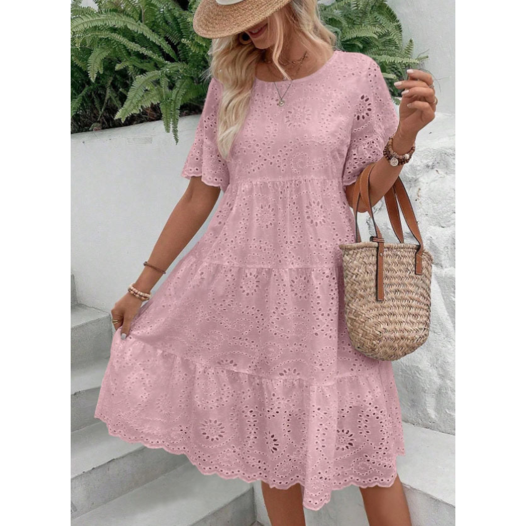 Broderie Eyelet Round Neck Flutter Sleeve Tiered Mini Dress 2