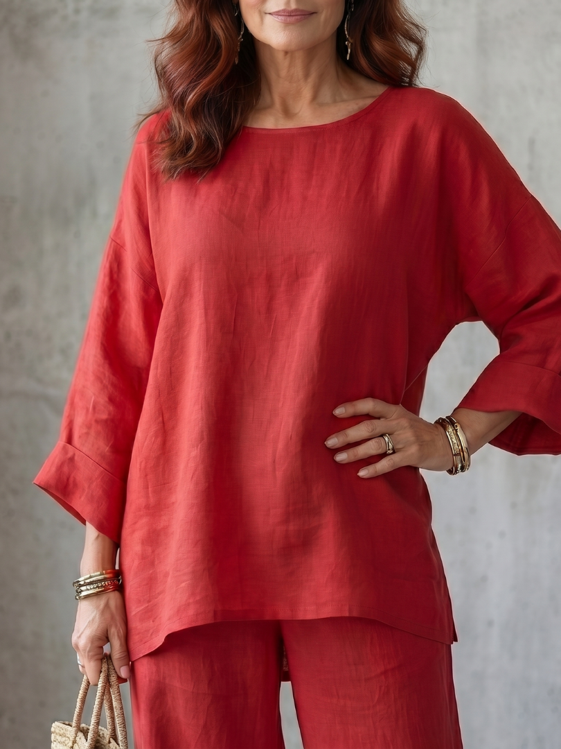 Round Neck Oversized Tunic and Wide Leg Pants Two Piece Set 3