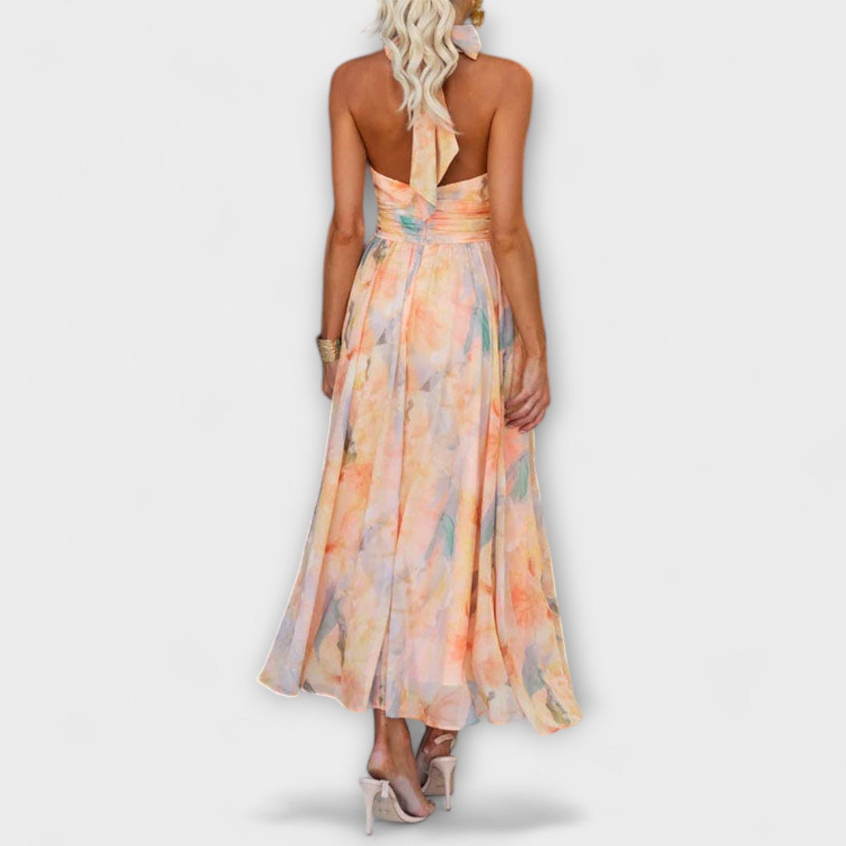 Halter Neck Watercolor Print Open Back Maxi Dress 2