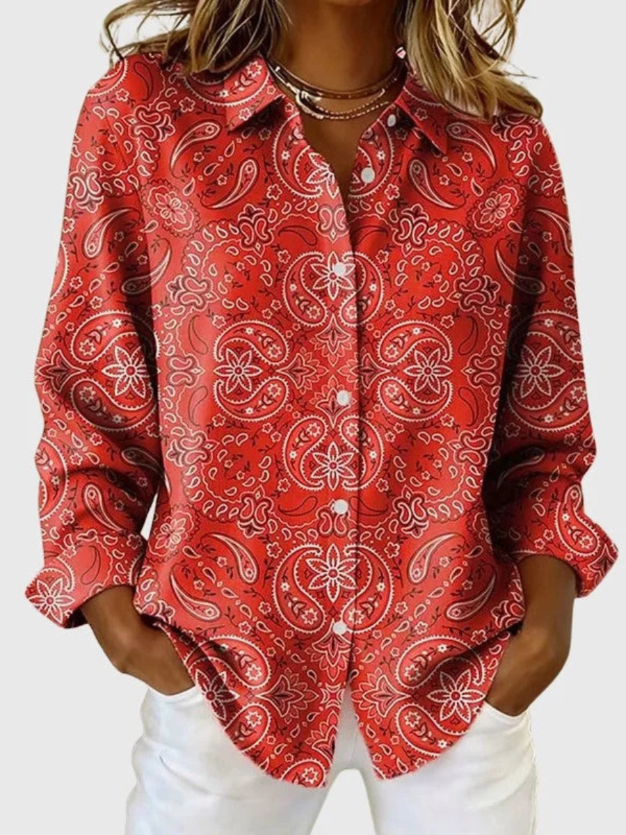 Paisley Print Collared Button Front Long Sleeve Blouse 2
