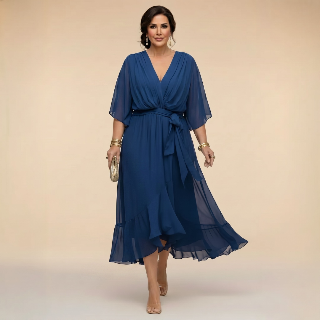 Deep V-Neck Flutter Sleeve Wrap Belted High Low Midi Dress 3