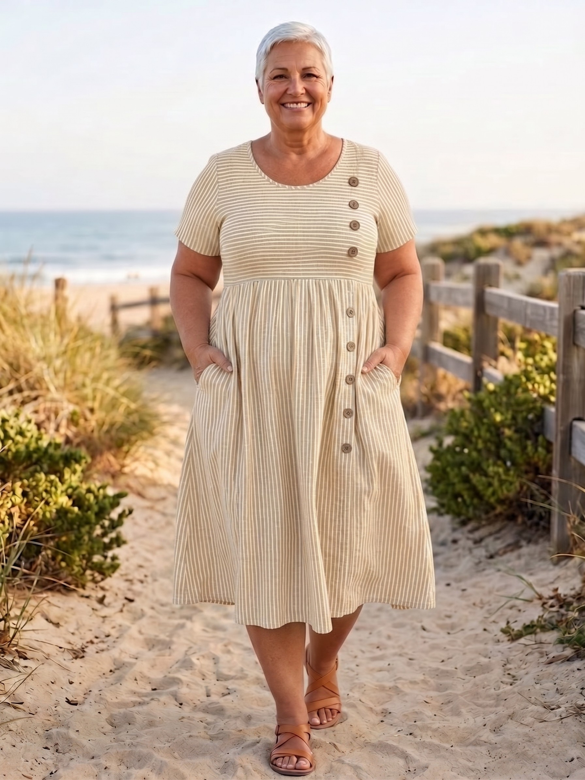 Round Neck Short Sleeve Striped Button Front Midi Dress 3