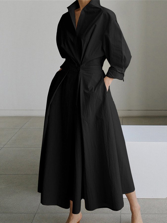 Collared Long Sleeve Pleated Waist A-Line Maxi Shirt Dress 4