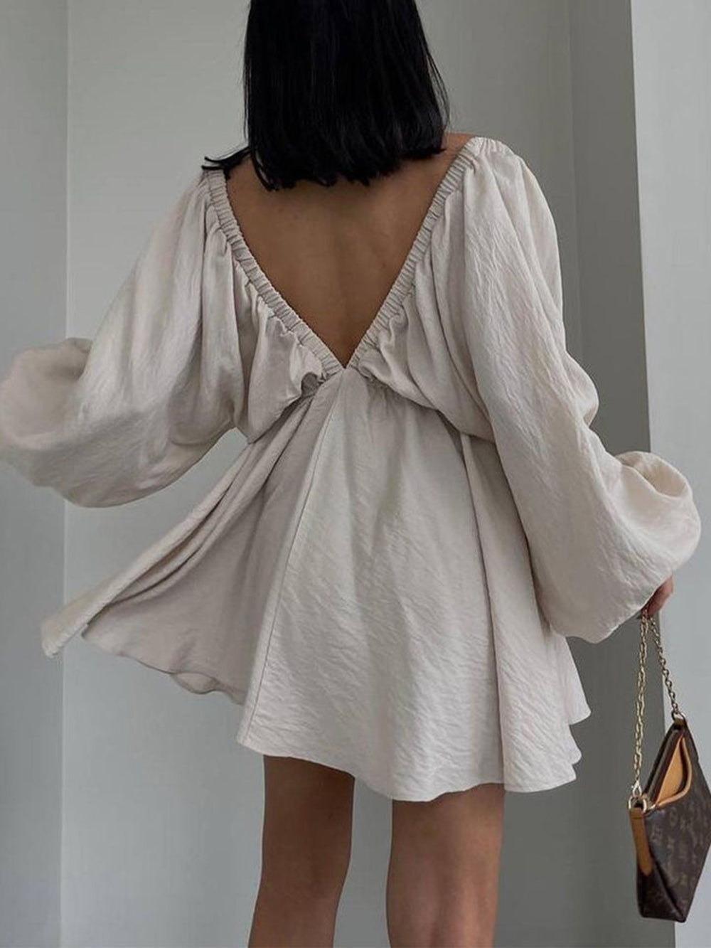 Deep V-Neck Balloon Sleeve Ruched Babydoll Mini Dress 2