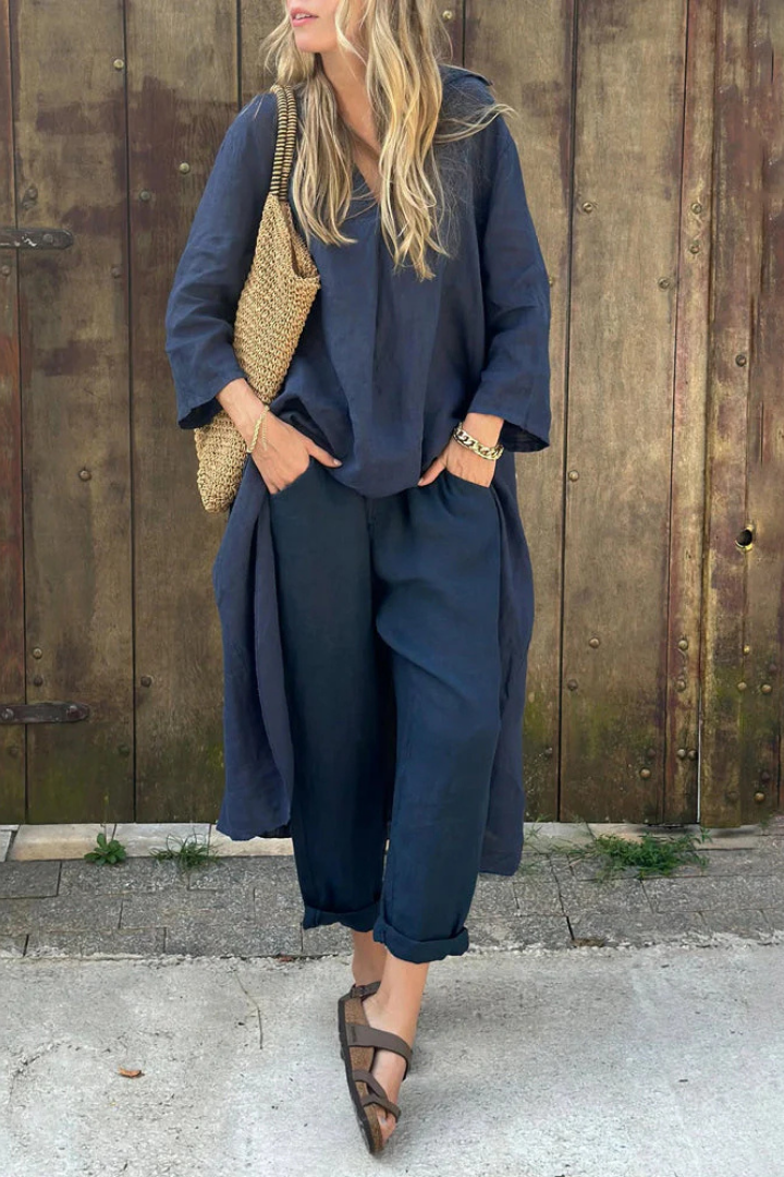 V-Neck Long Sleeve Tunic Top and Pants Two Piece Set 3