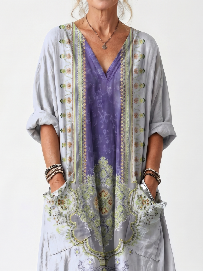 Border Print V-Neck Long Sleeve Pocket Maxi Dress 3