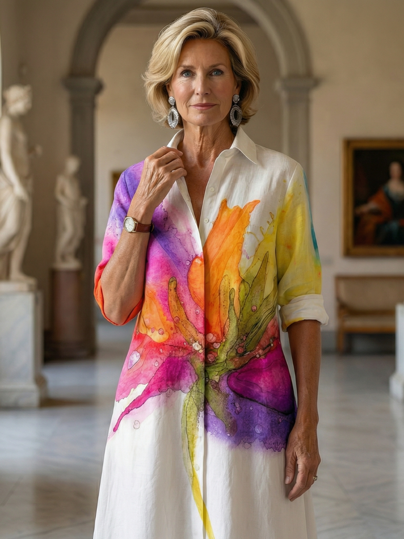 Watercolor Floral Collared Long Sleeve Shirt Dress 3