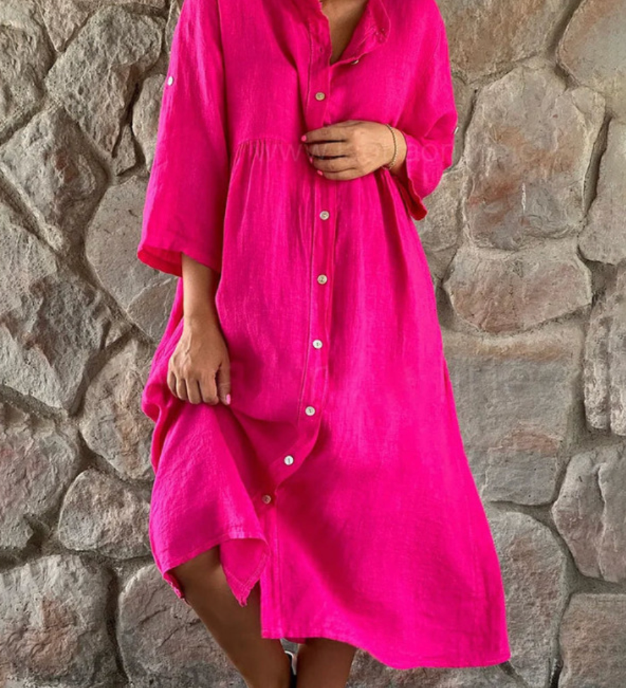 Button Down Three Quarter Sleeve Roll Tab Midi Shirt Dress - View 4