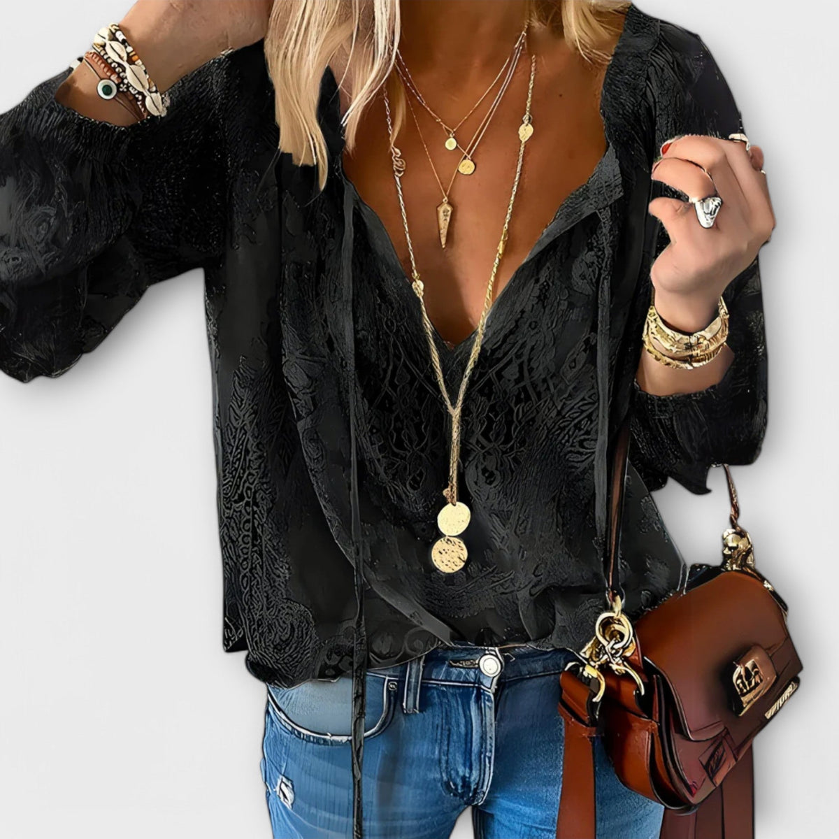 Lace V-Neck Tie Neck Long Sleeve Boho Blouse 2