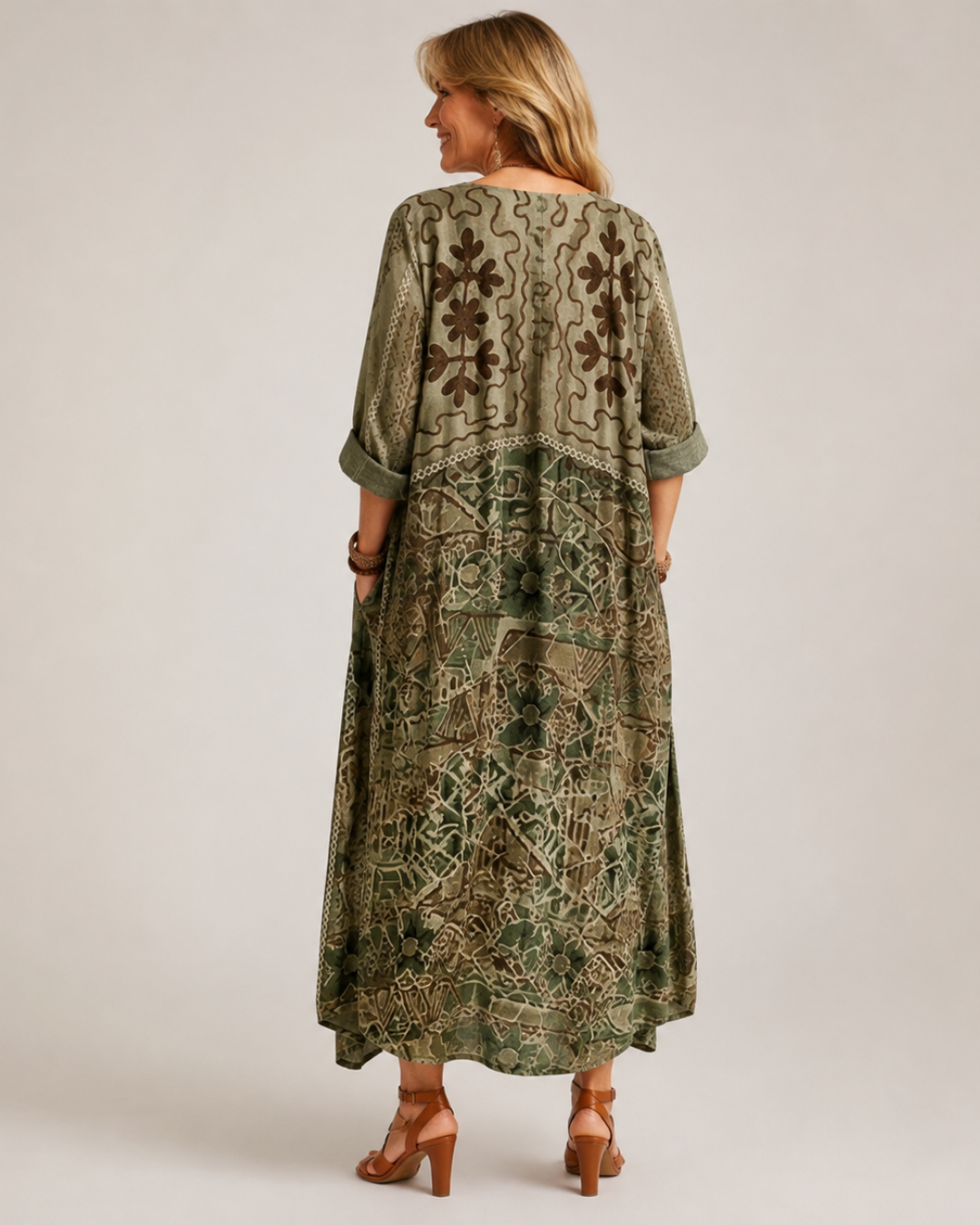 Patchwork Print V-Neck Button Front Handkerchief Hem Maxi Dress 2