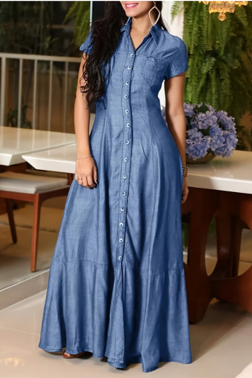 Denim Short Sleeve Button Front Tiered Maxi Shirt Dress 3