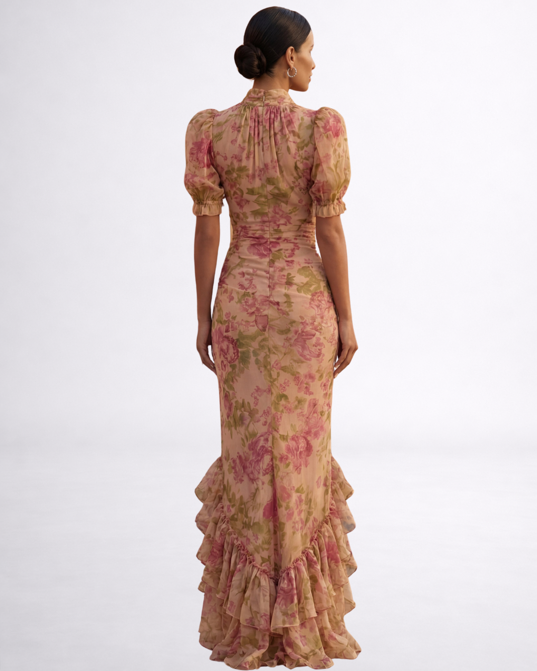Floral Print High Neck Puff Sleeve Ruffle Hem Maxi Dress 3