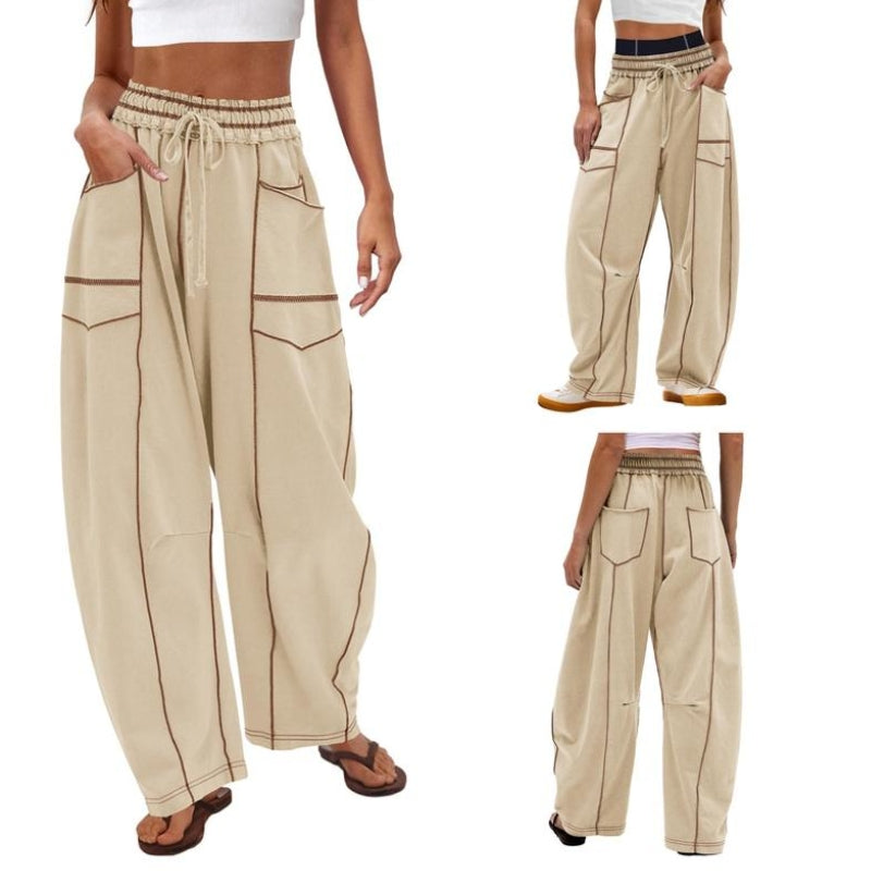 High Waist Drawstring Contrast Stitch Wide Leg Pants 2