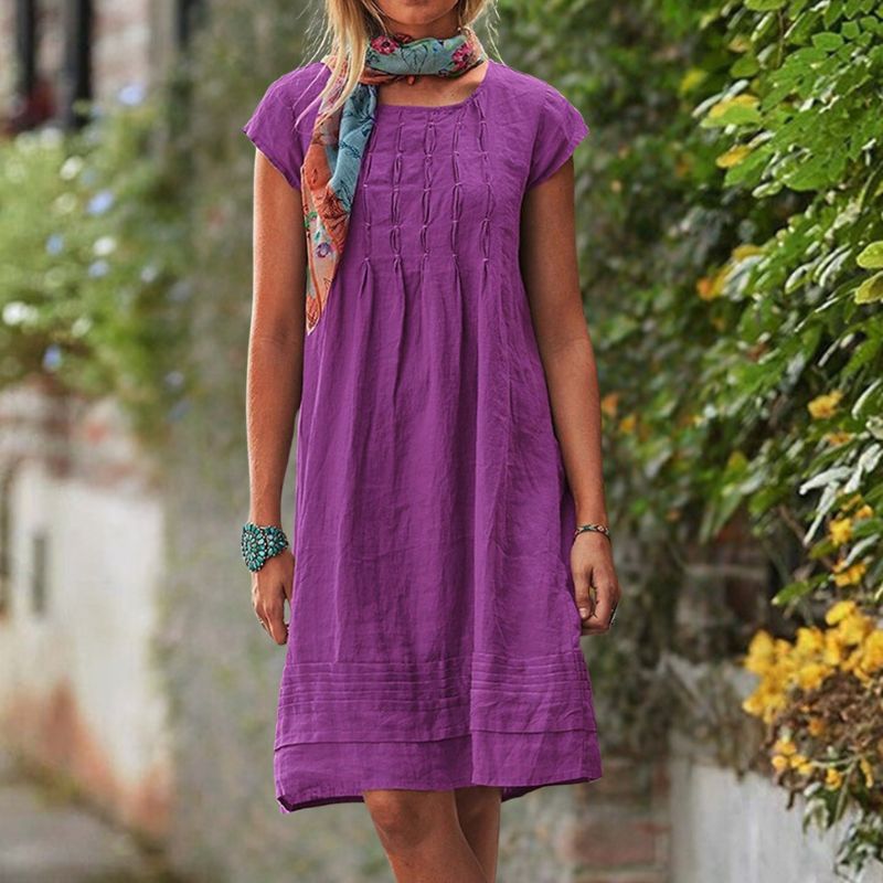 Short Sleeve Pintuck Gathered Front Tiered Band Hem Knee Dress - View 3