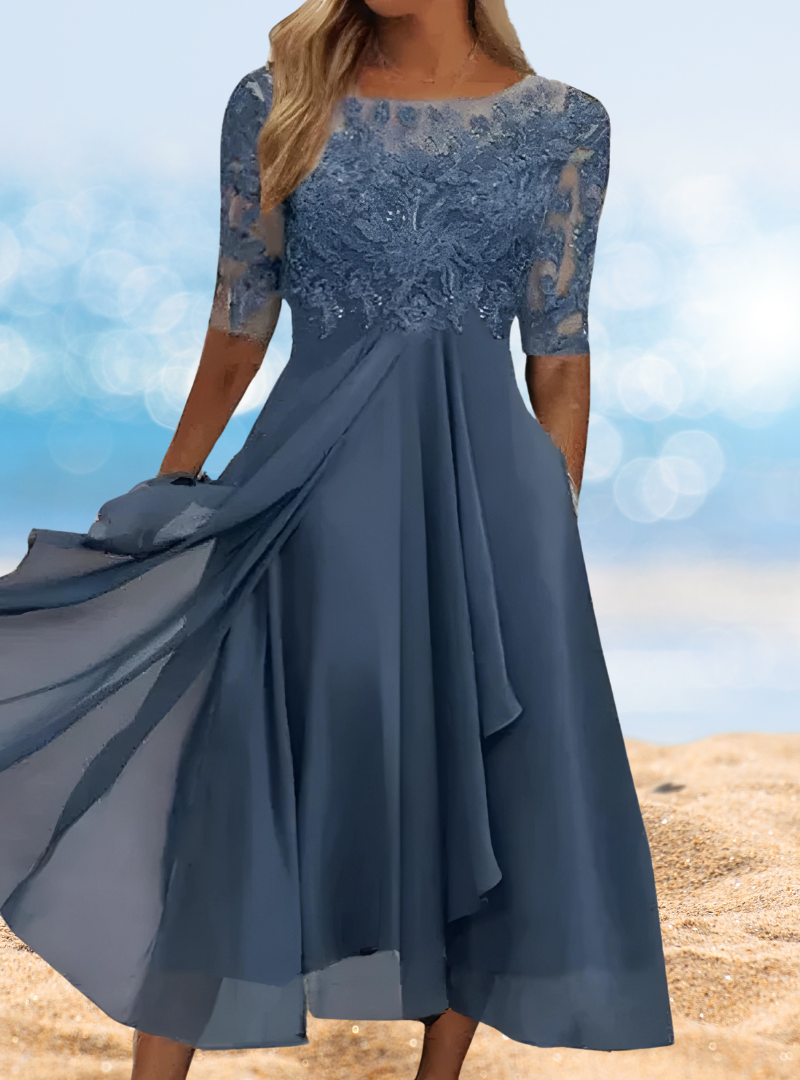 Lace Illusion Neck Elbow Sleeve Bodice Pocket A-Line Midi Dress - View 2