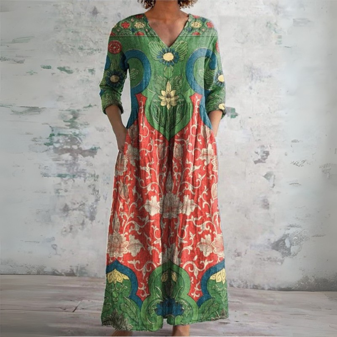 Floral Print V-Neck Long Sleeve Pocket Maxi Dress