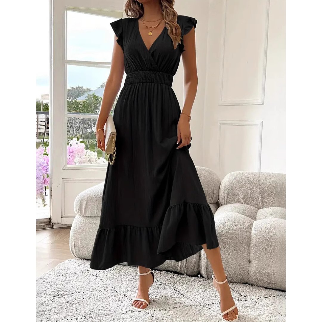 V-Neck Flutter Sleeve Shirred Waist Tiered Maxi Dress 2