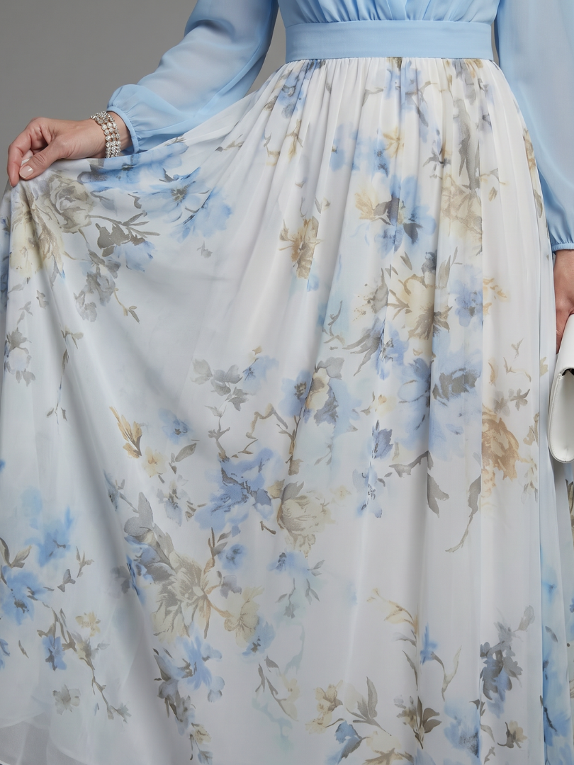 Surplice V-Neck Long Sleeve Floral Skirt Chiffon Maxi Dress 4