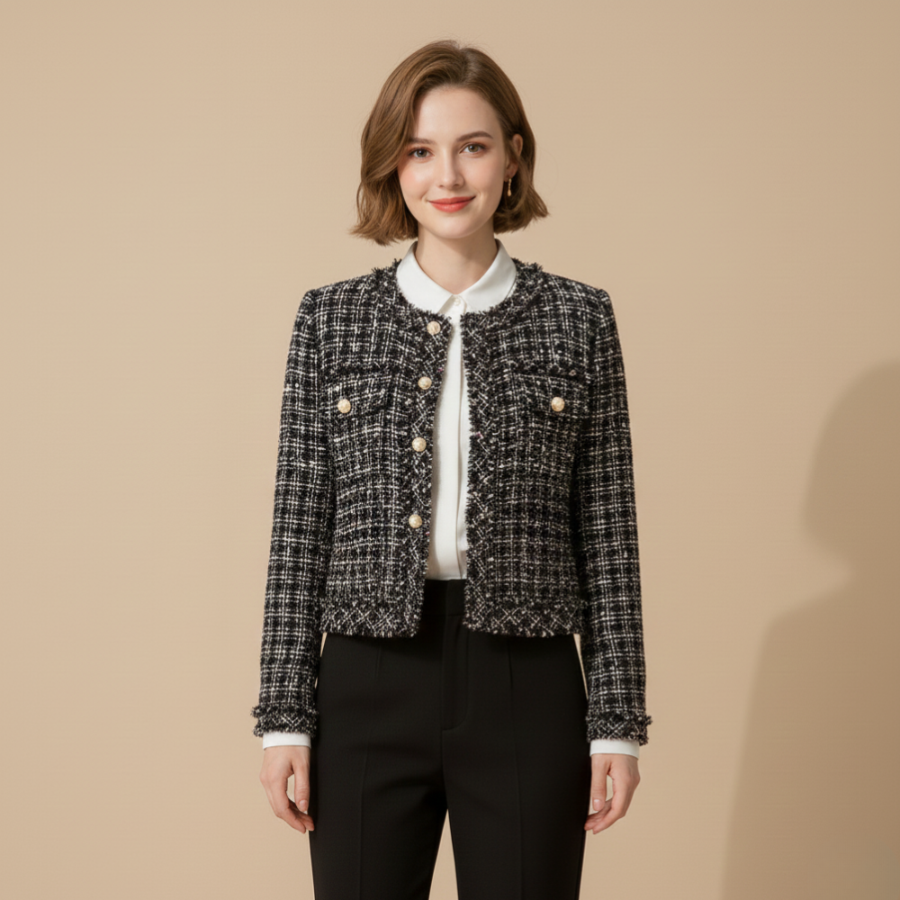 Tweed Check Round Neck Button Front Cropped Jacket