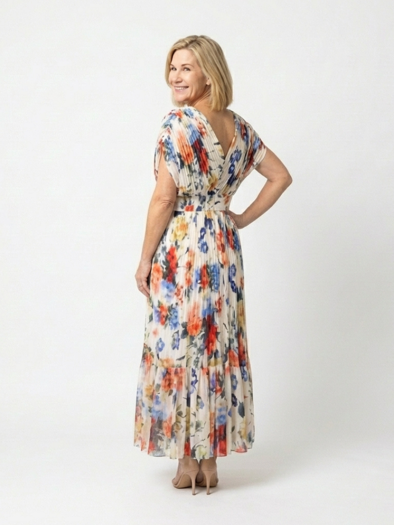 Watercolor Floral V-Neck Pleated Maxi Dress 3
