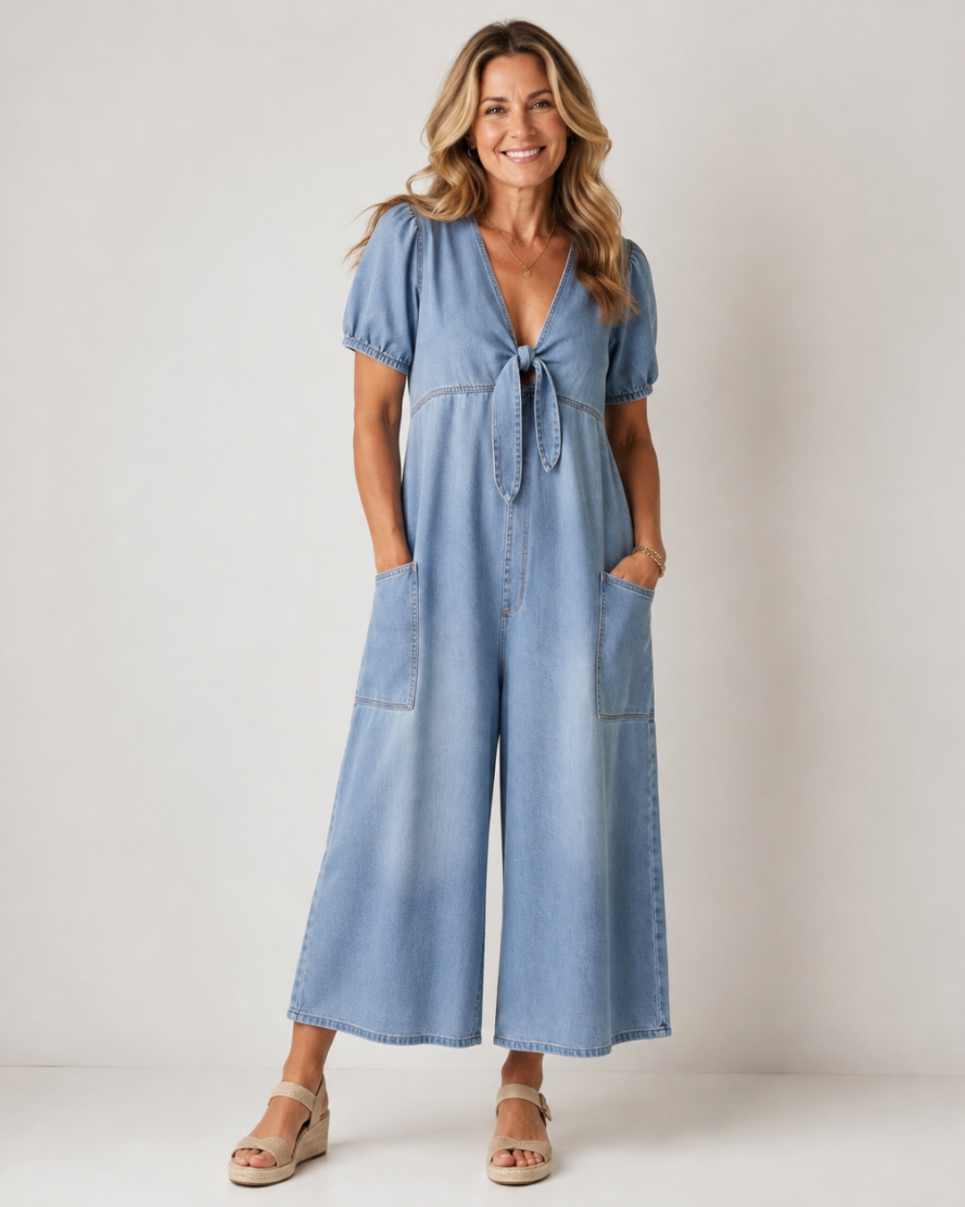 Denim Look Tie Front V-Neck Puff Sleeve Wide Leg Jumpsuit 5