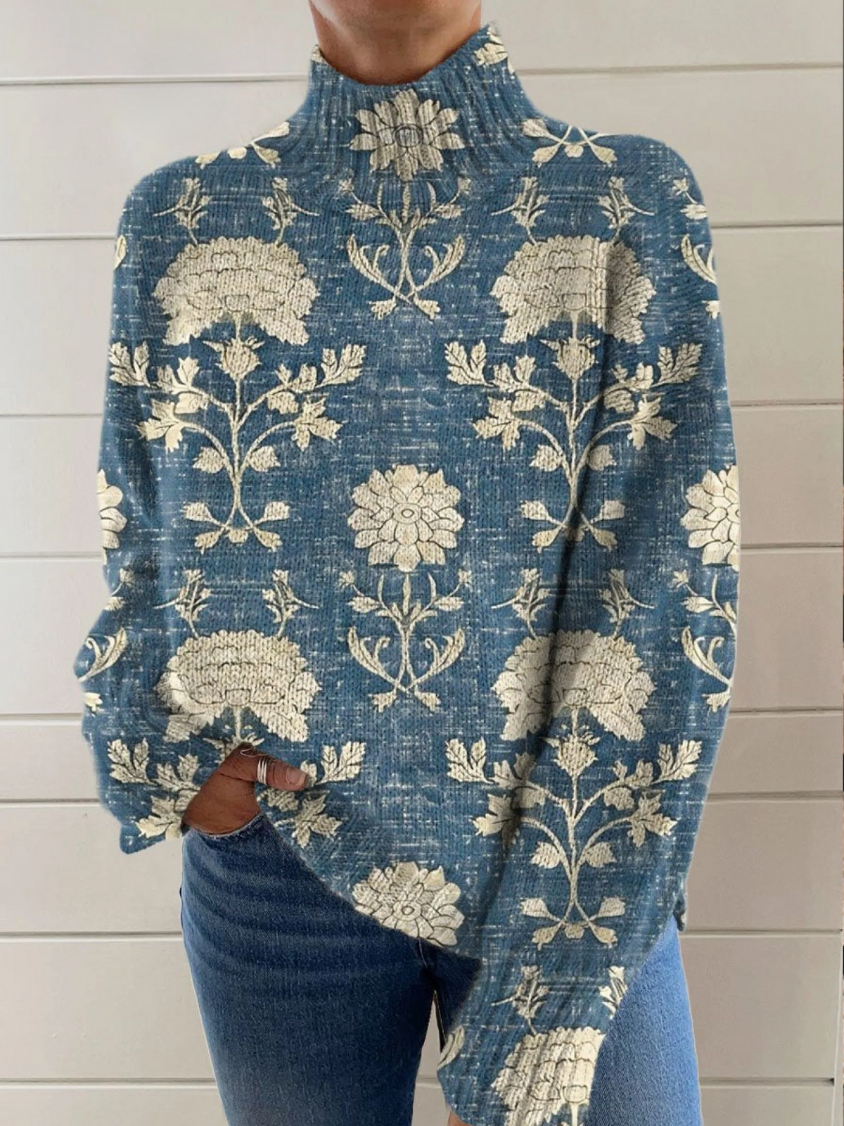 Folk Floral Print Mock Neck Long Sleeve Knit Sweater