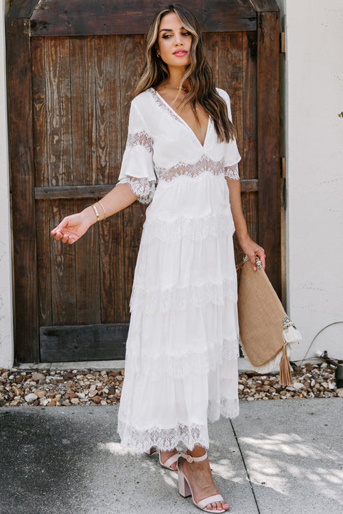 V-Neck Short Sleeve Lace Trim Tiered Boho Maxi Dress 5