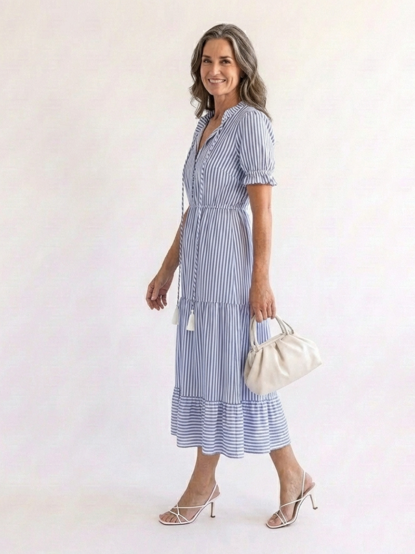 Striped Short Sleeve Button Front Tiered Midi Shirt Dress 2