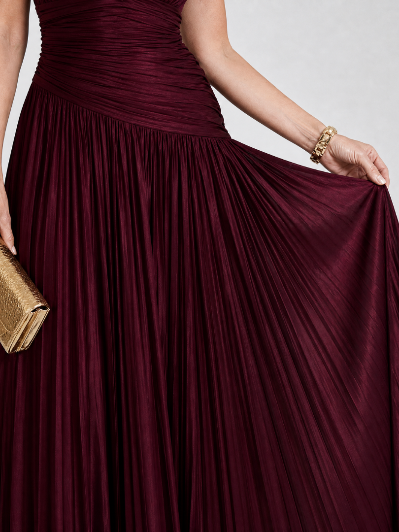 Pleated V-Neck Sleeveless Ruched Waist Maxi Gown 3