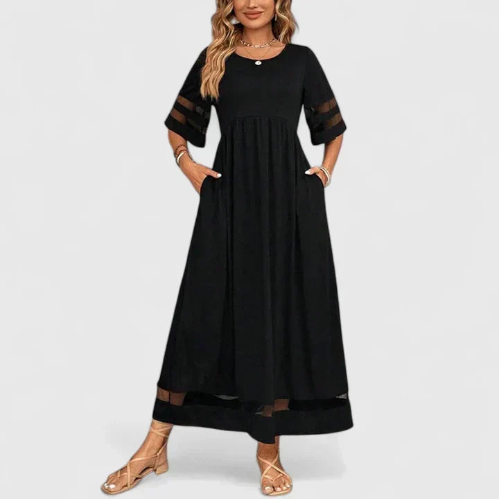 Round Neck Half Sleeve Sheer Stripe Gathered Waist Midi Dress 4