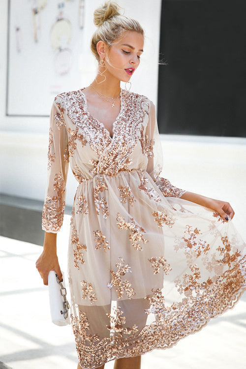 Sequin Floral Deep V-Neck Long Sleeve Wrap Mini Dress - View 3